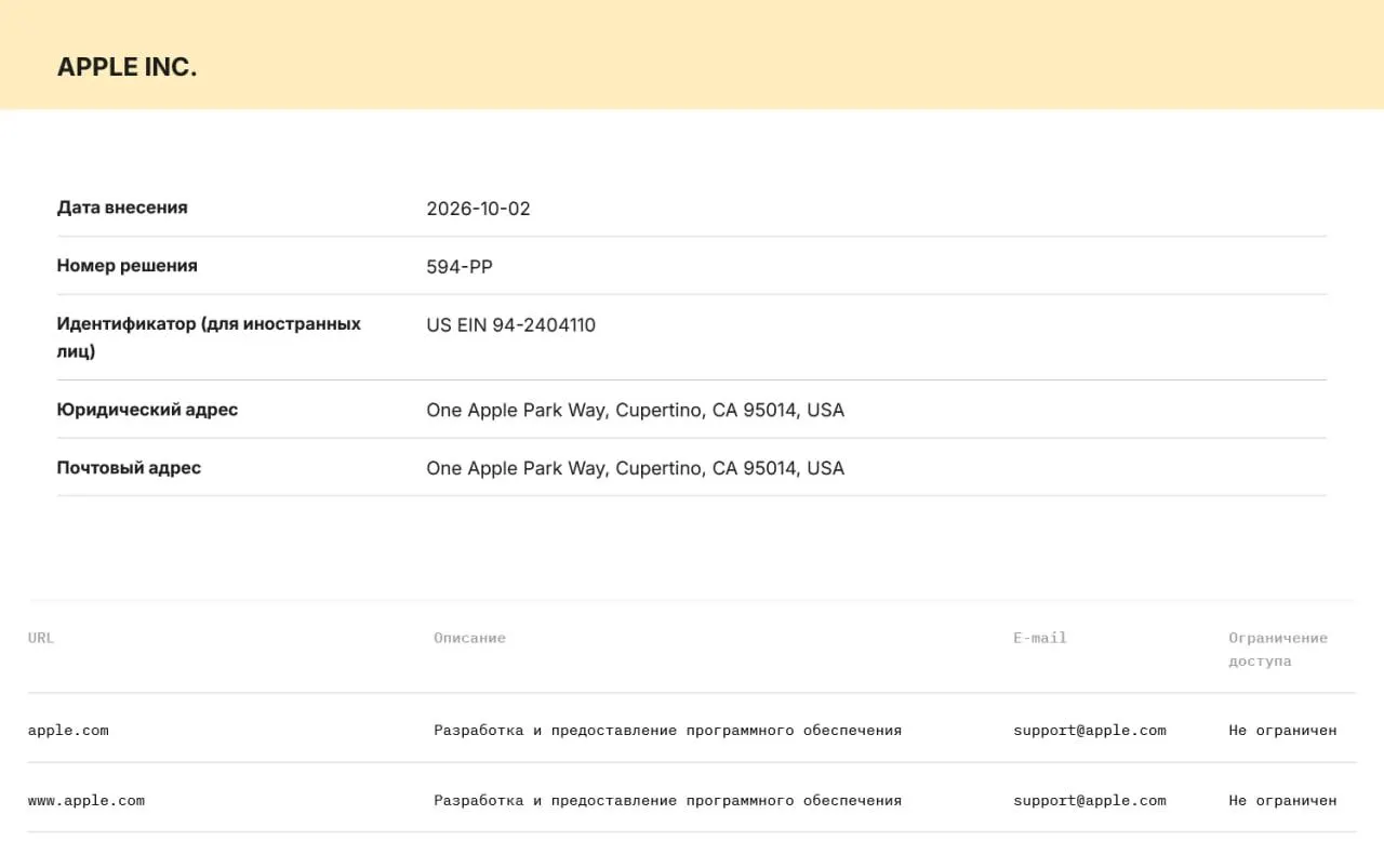 Роскомнадзор включил Apple и Microsoft в реестр организаторов распространения информации (ОРИ). Компании обязаны хранить данные о действиях пользователей на серверах в РФ и передавать их силовым ведомствам по первому требованию, под угрозой штрафов и блокировок.