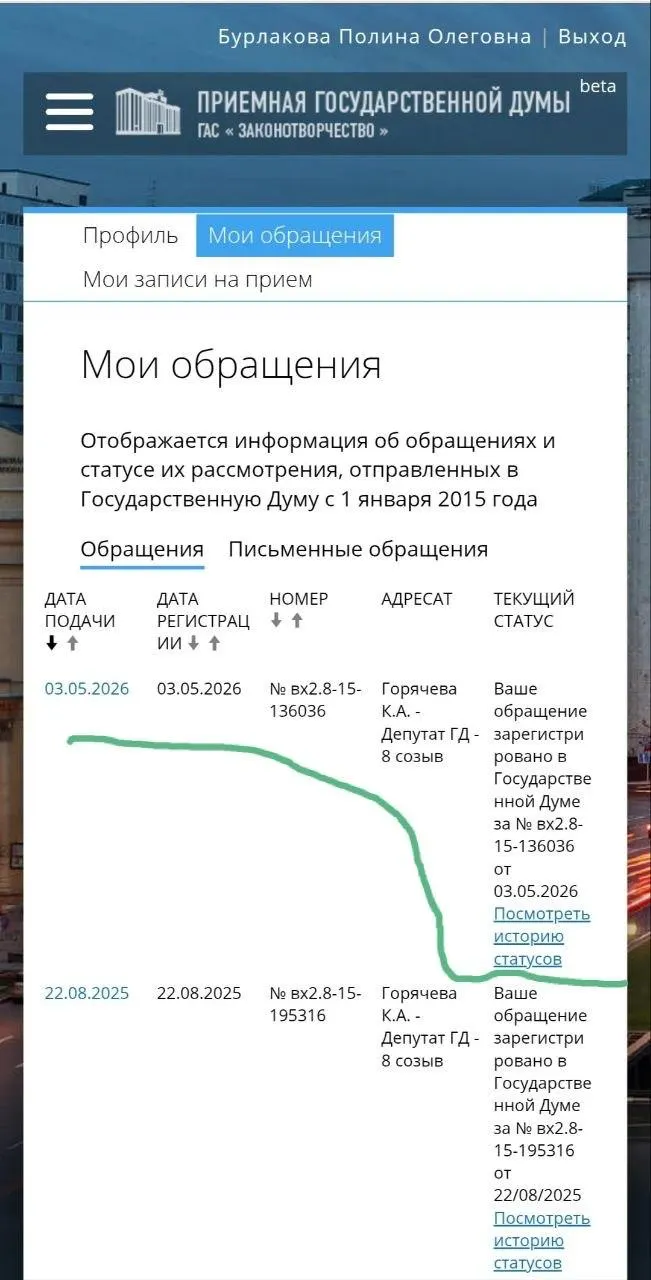 Юристка и волонтёрка Полина Бурлакова обратилась к депутату с требованием перейти от экспертных рекомендаций к законодательной реализации — спустя полгода законопроекты о защите пострадавших не внесены.