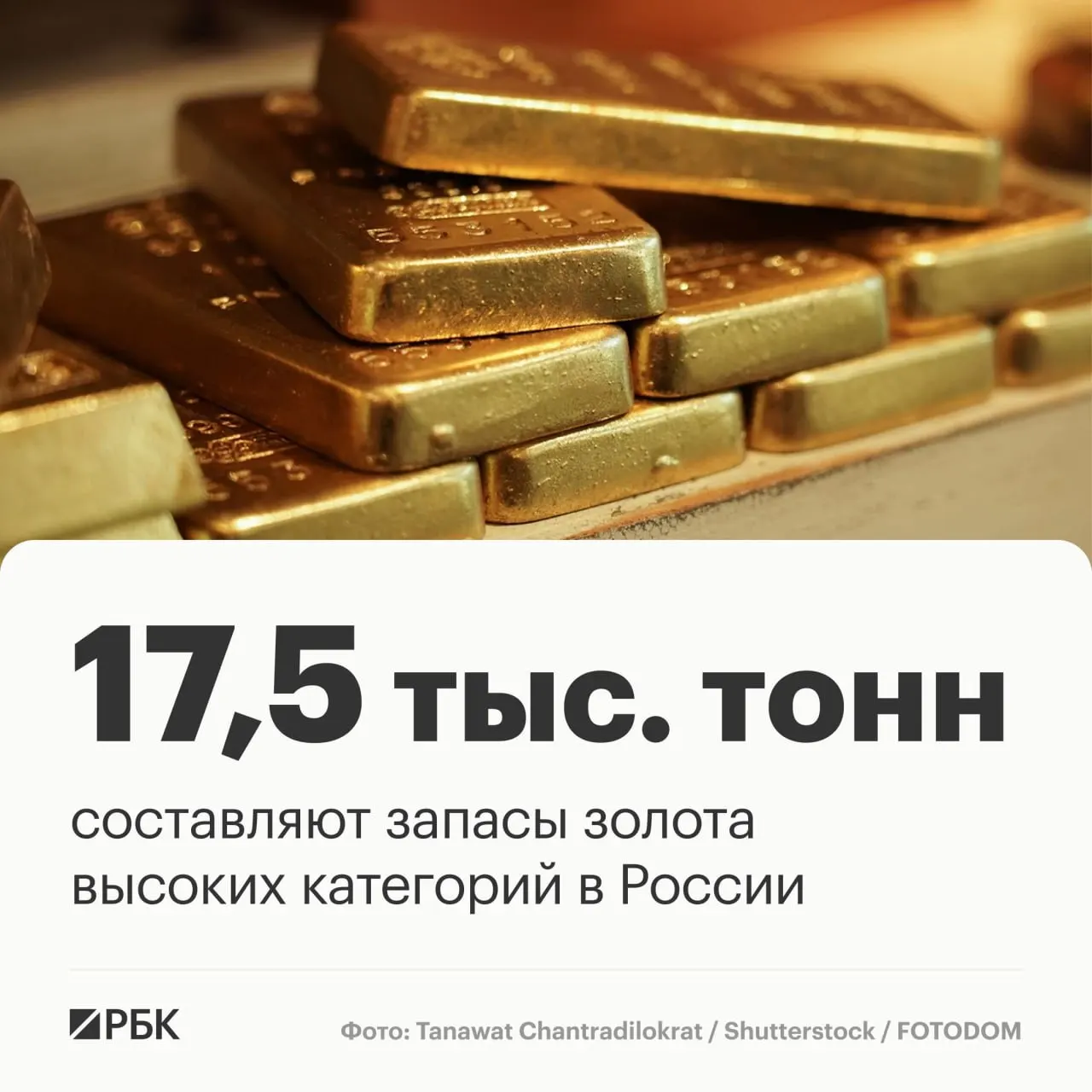 Замминистра Роснедр Асламбек Гермаханов сообщил на Восточном экономическом форуме, что запасы золота в стране оцениваются в 17,5 тысячи тонн, что позволит сохранить лидерство в течение примерно тридцати лет. Россия занимает третье место в мире по запасам и второе — по добыче.